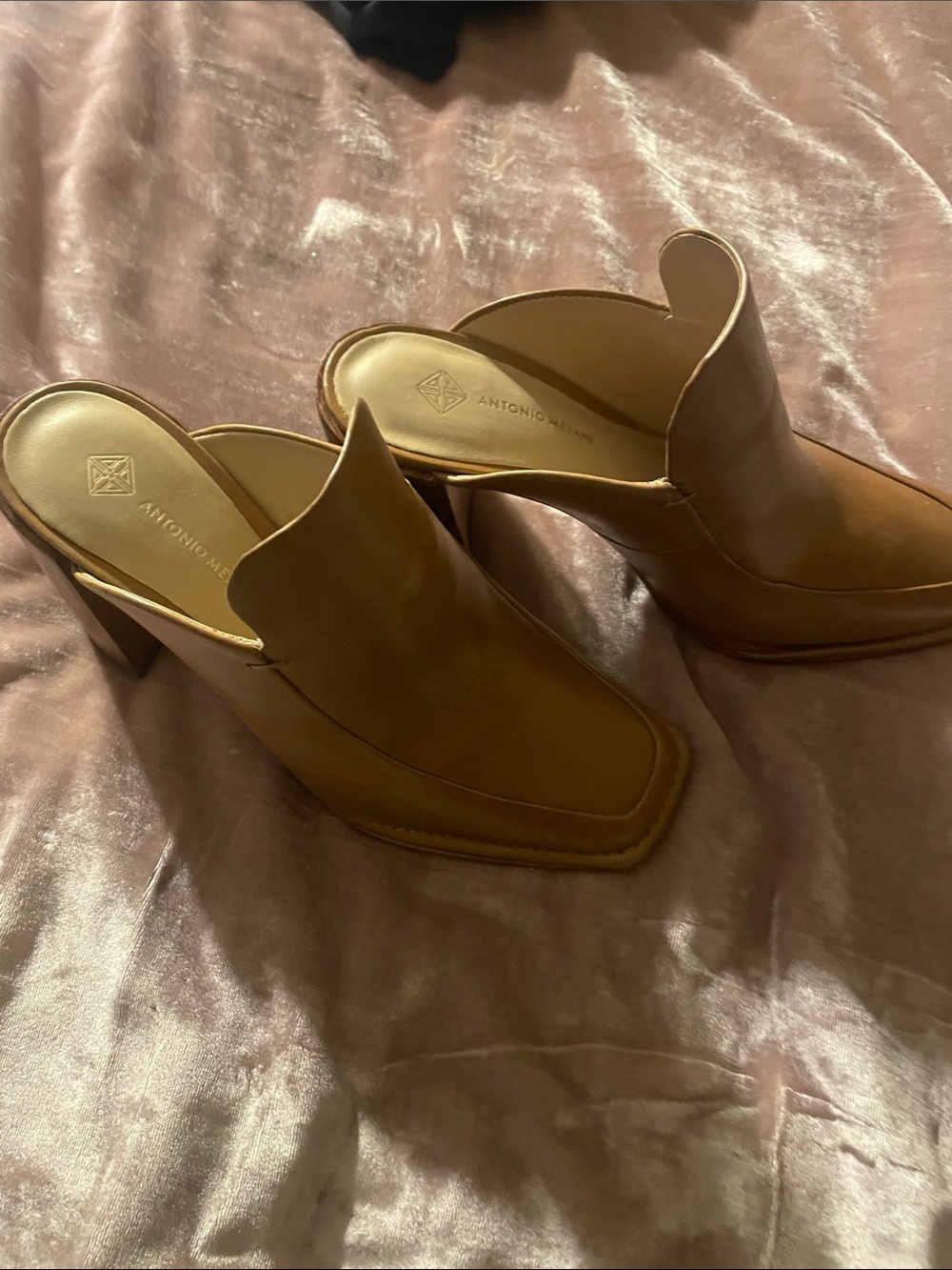 ANTONIO MELANI Cognac Leather Square-Toe Mule Heels
